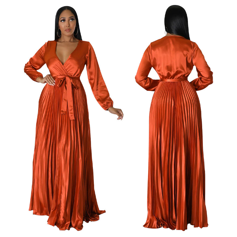 Women's Autumn Lantern Sleeve Pleated Dress Long Dresses