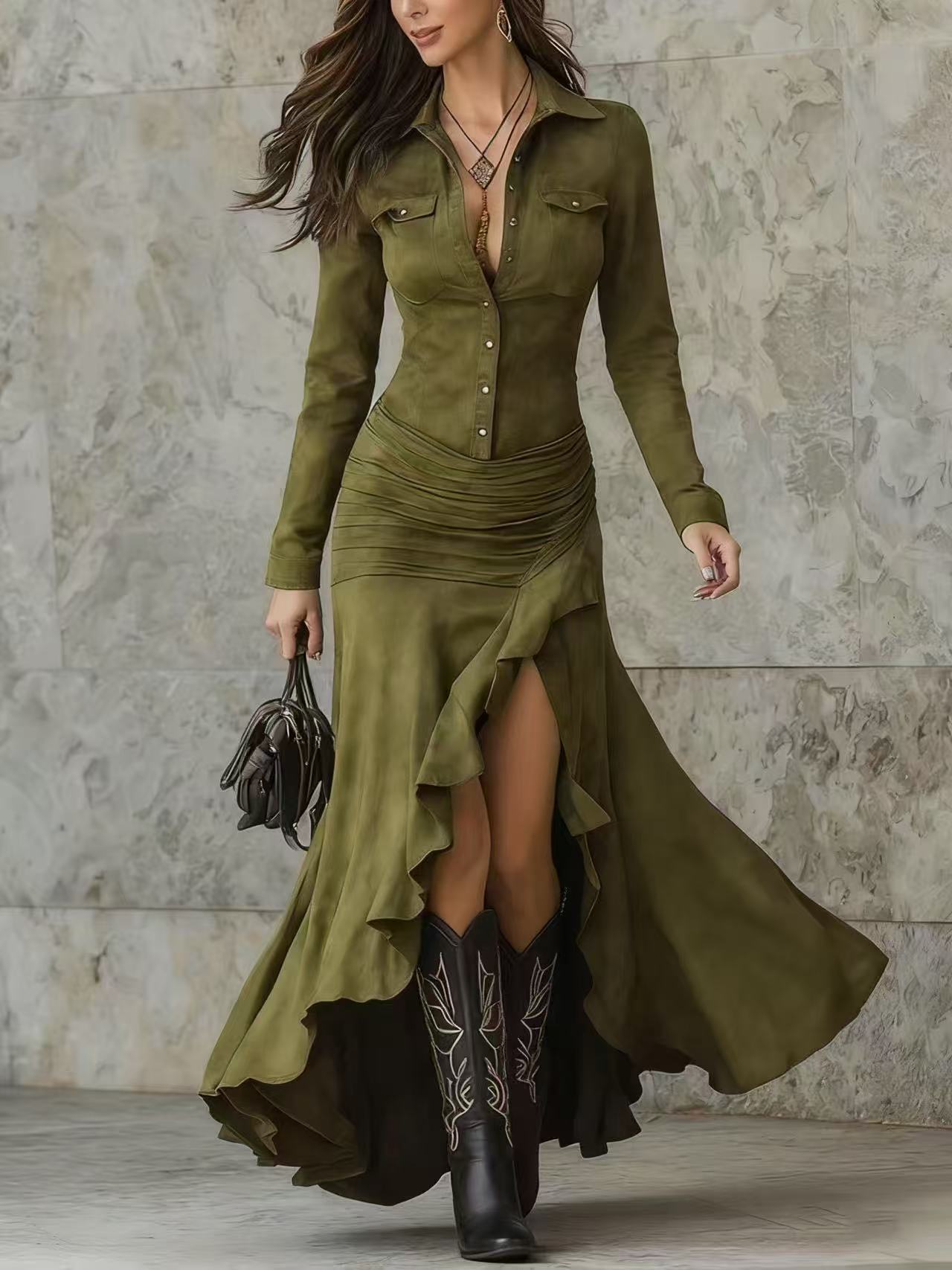 British Retro Style Buttoned Hem Irregular Dress