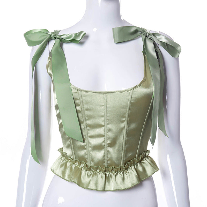 Women's Summer Fashion Green Ruffled Silk Waist Blouses