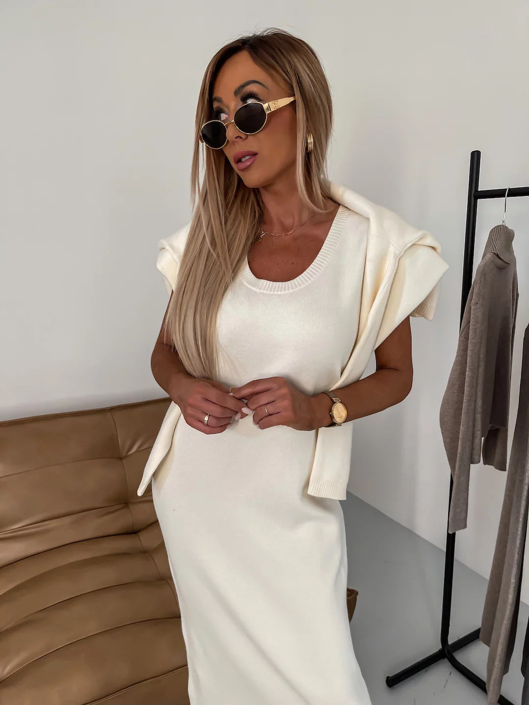 Turtleneck Long Two-piece Solid Color Knitted Dress