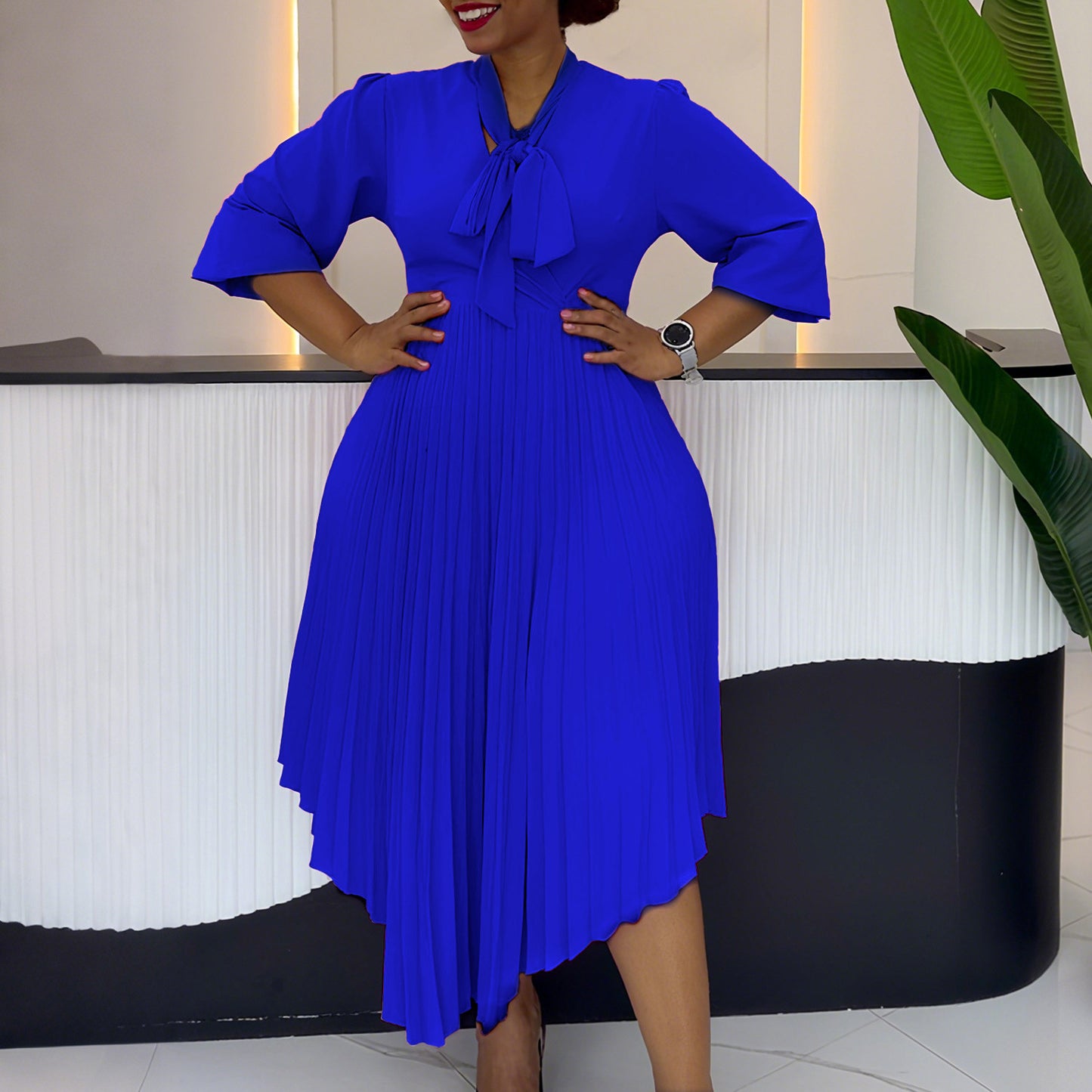 Three-quarter Sleeve Elegant Fashionable Asymmetric Pleated Skirts