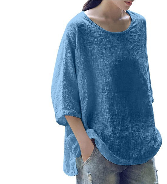 Women's Length Sleeve Pullover Loose Round Neck Blouses
