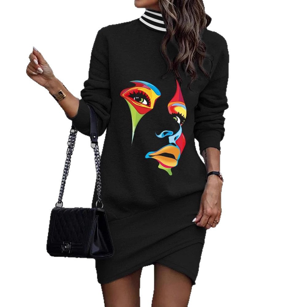Women's Autumn Turtleneck Long Sleeve Printed Irregular Dress