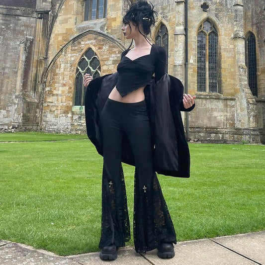 High Waist Lace Pierced Black Dark Pants