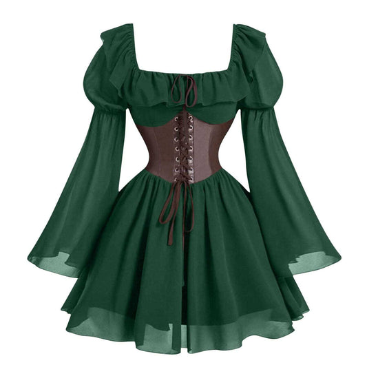 Medieval Puff Sleeve Dress Halloween Drawstring Skirts
