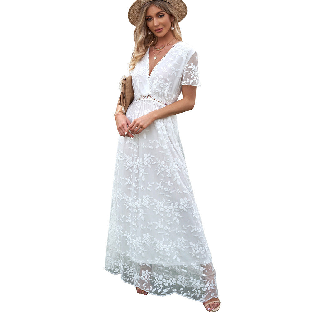 Women's Summer Lace Crocheted Dress Solid Color Clothing