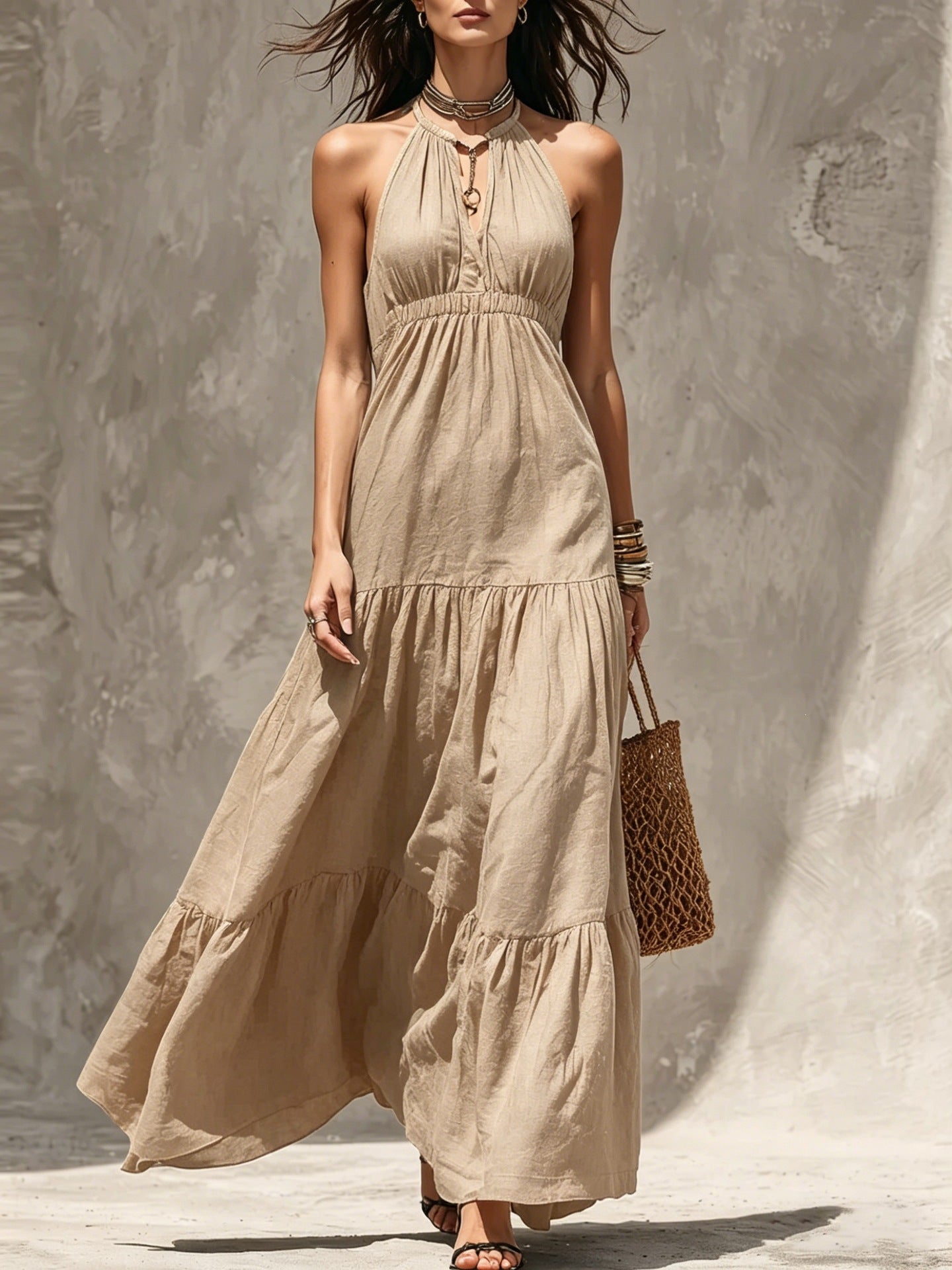 Women's High Waist Stitching Cotton Linen Holiday Dress