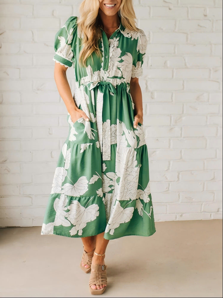 Lapel Print Ribbon Stitching Bohemian Holiday Dress