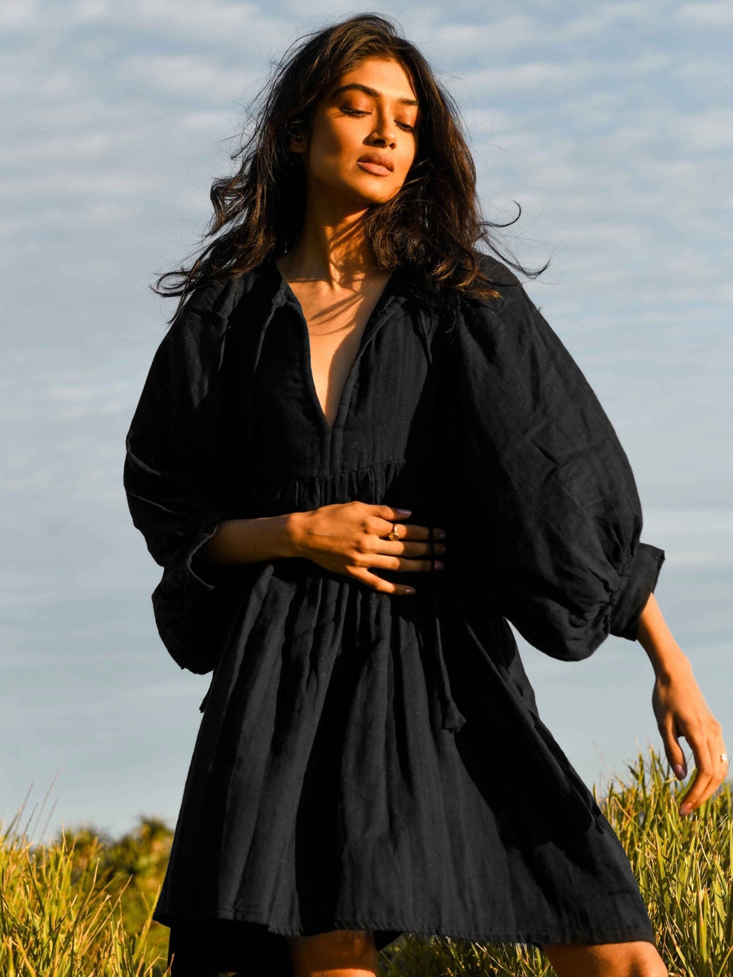 Women's Solid Color Loose Lantern Sleeve Casual Temperament Dress