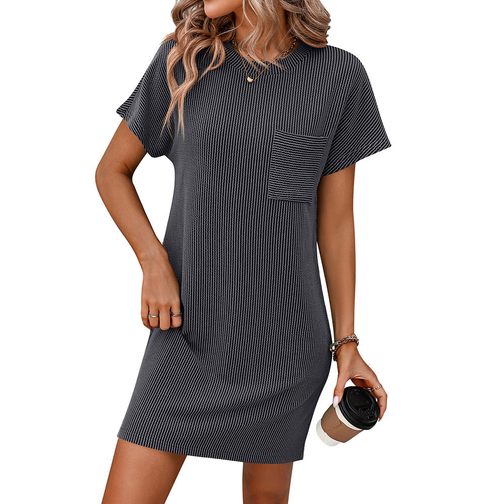Women's Contrast Color Twist Strip Sleeve Pocket Dresses