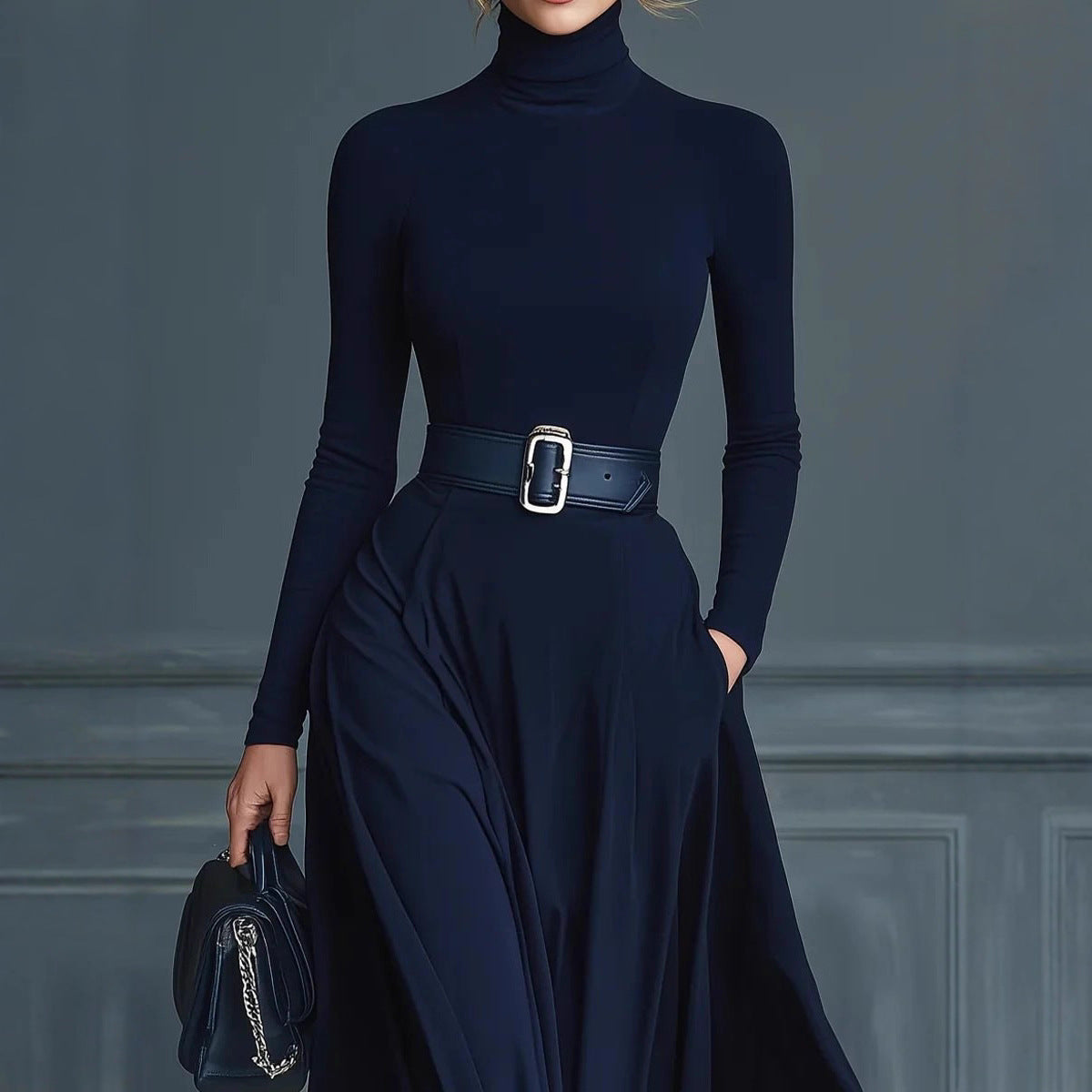 Women's Long-sleeved Solid Color Turtleneck Dress Long Dresses