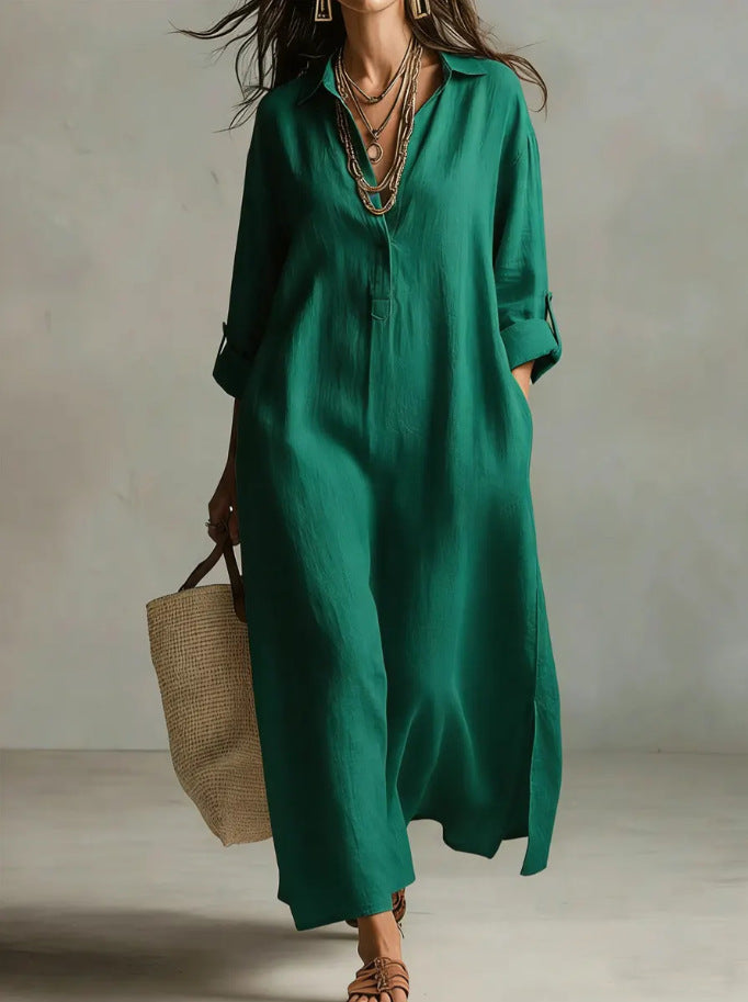 Solid Color Polo Collar Casual Long Sleeve Shirt Idle Dress