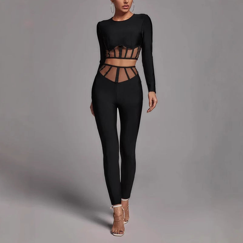 Black Long Sleeve Round Neck Two-piece Mesh Hollow Suits