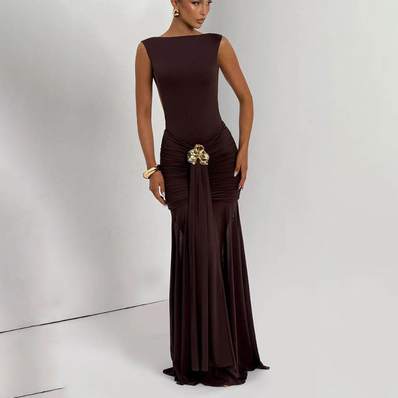 Women's Elegance Sleeveless Pleated Sexy Backless Sheath Dress