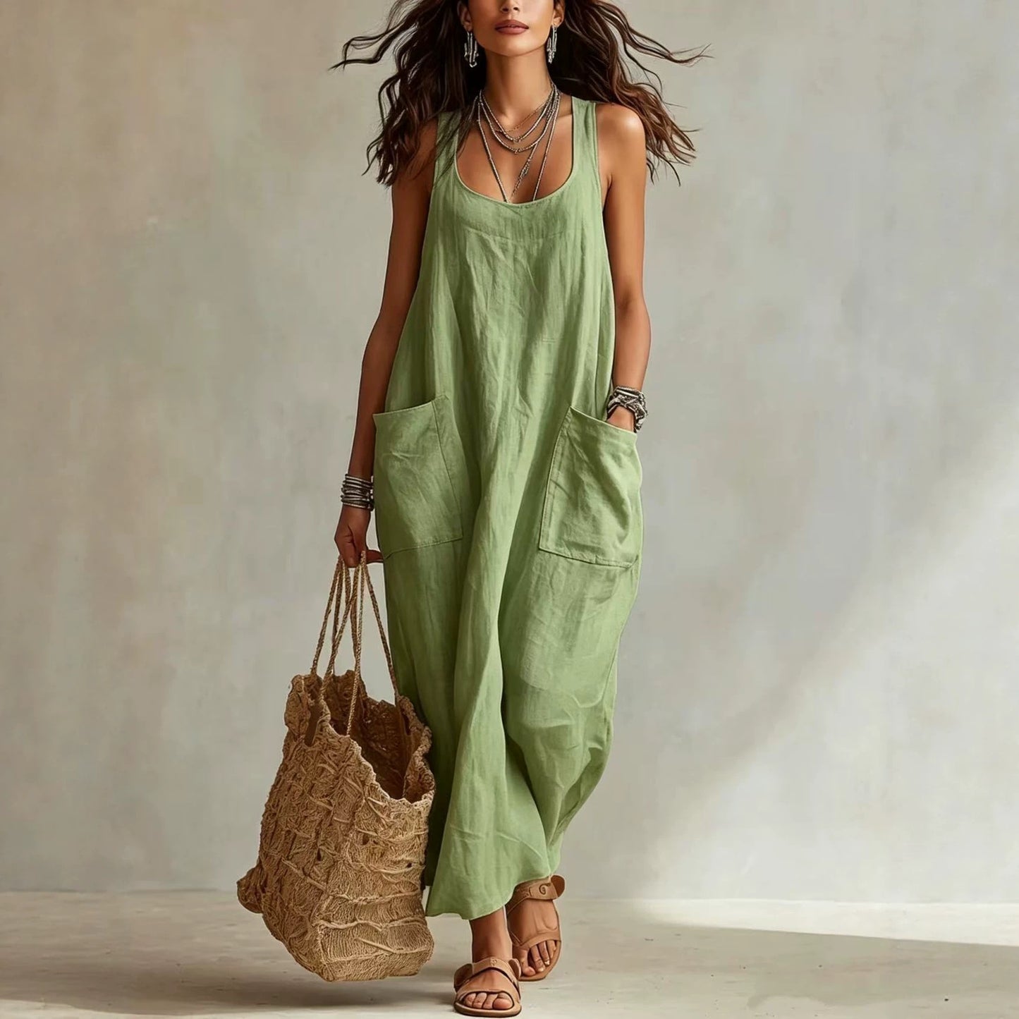 Women's Summer Elegant Casual With Big Pockets Strap Dress