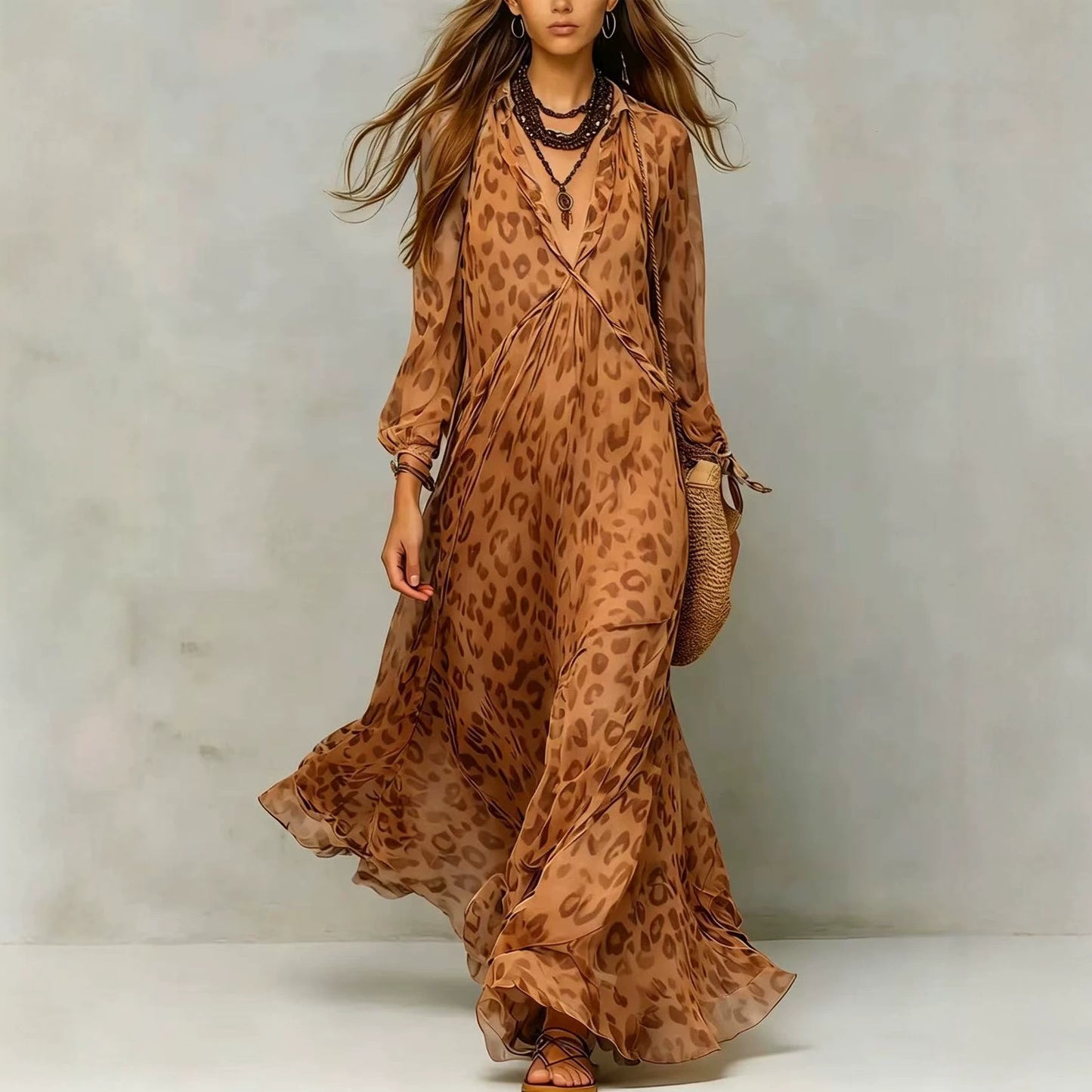 Women's Leopard Print Chiffon Long Sleeve Deep Dress