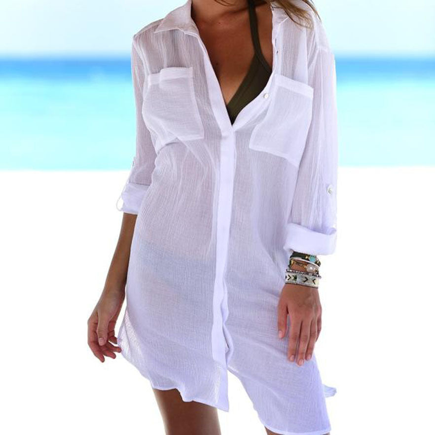 Women's Long-sleeved Lapel Pleated Beach Sun Protection Blouses