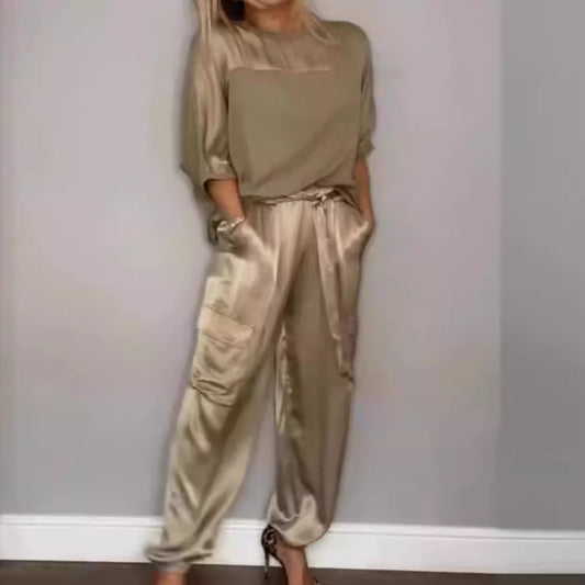 Women's Solid Color Smooth Satin Half Sleeve Shirt Two-piece Fashion Casual Suit