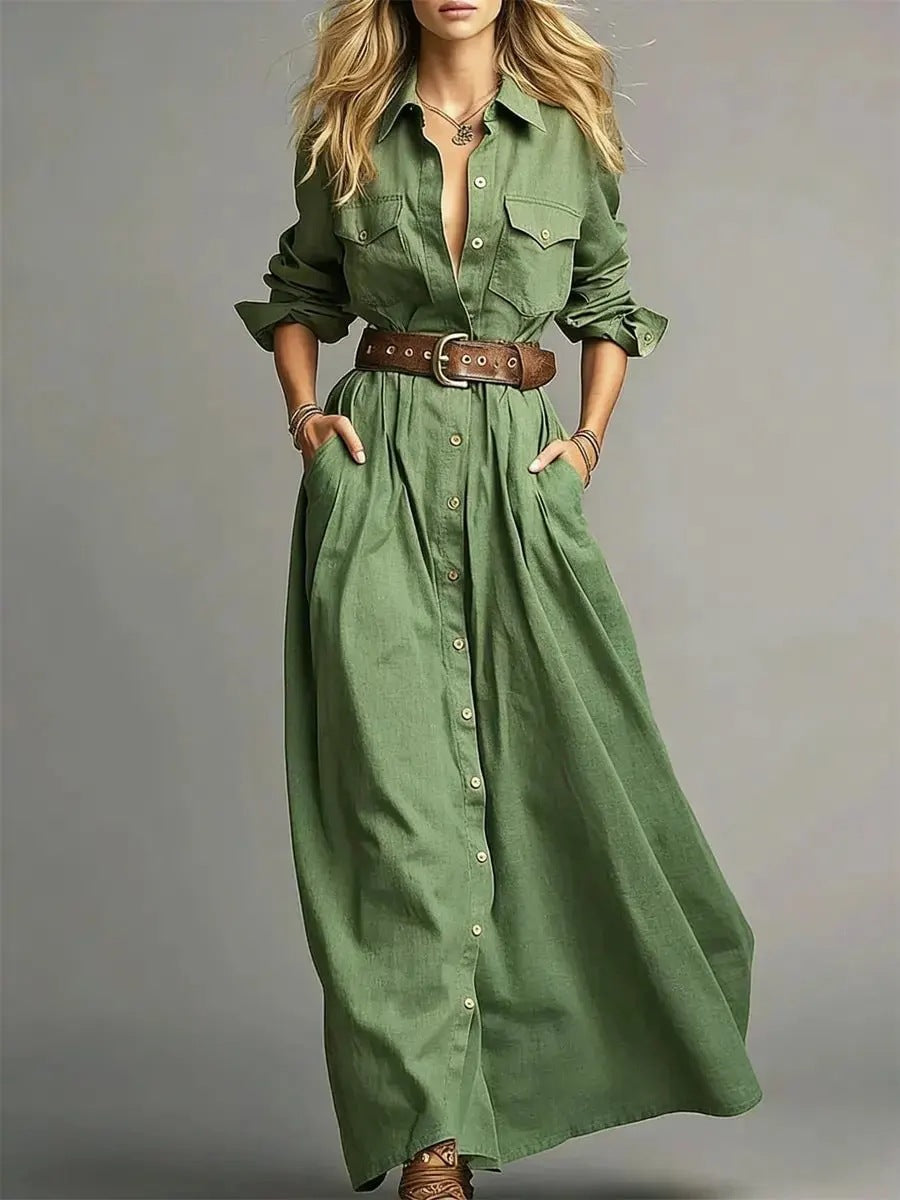 Women's Solid Color Elegant Long Shirt Button Dress