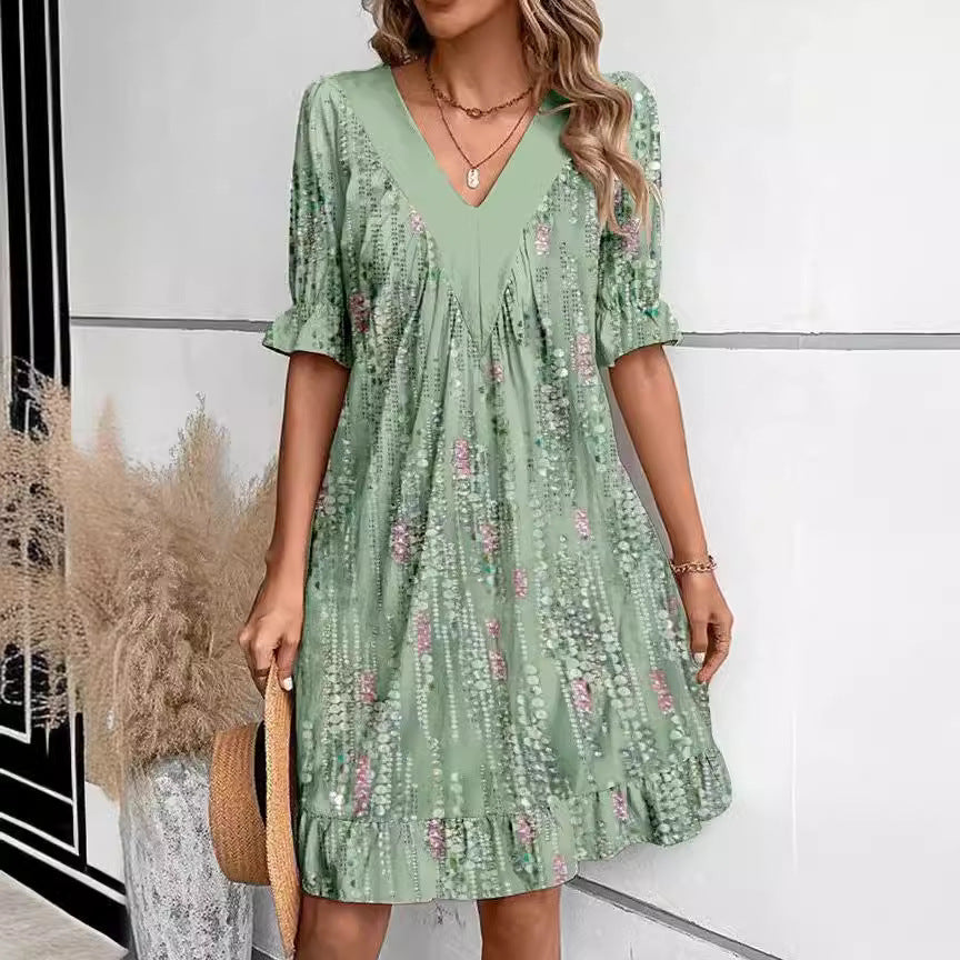 Women's Stitching Printed Ruffle Sleeve Fashionable Elegant Dress