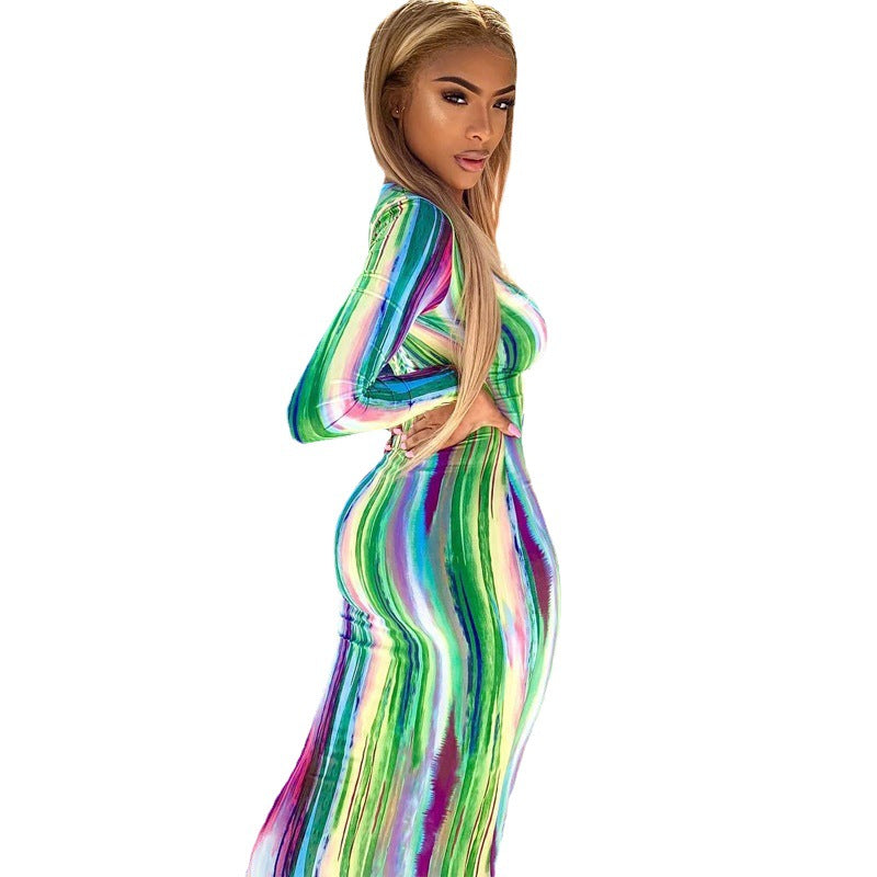 Women's Large-sized Printed Long Sleeve Close-fitting Sexy Dress
