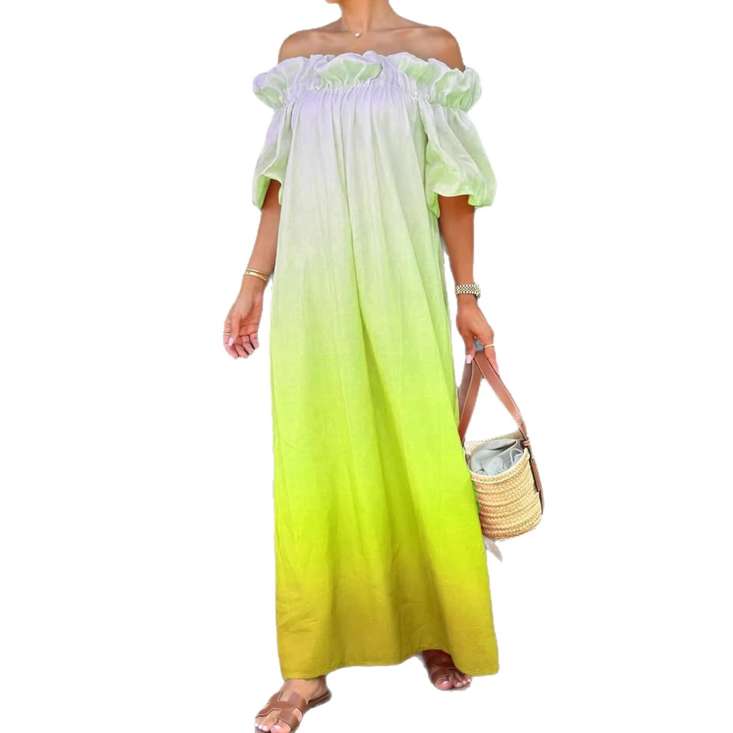 Gradient Backless Lazy Puff Sleeve Loose Dress