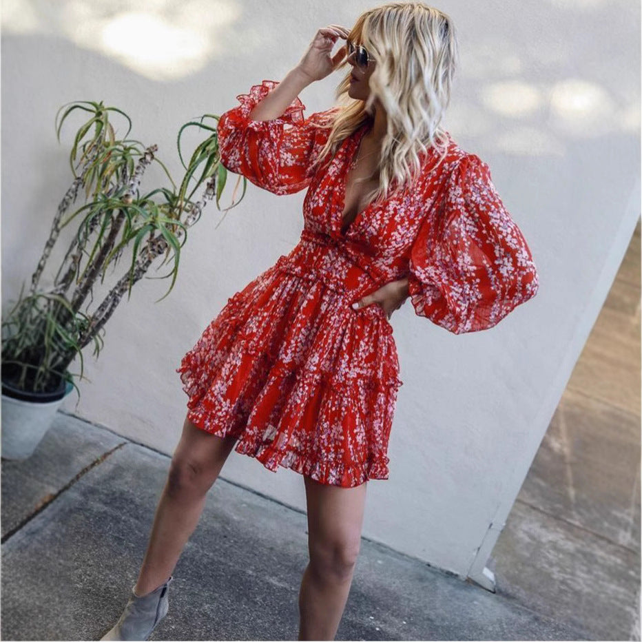 Printed Backless Long Sleeves Wooden Ear Dresses