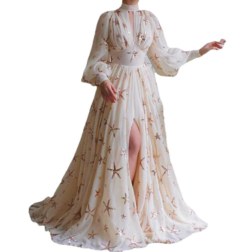 Sequined Slit Lantern Sleeve Formal Swing Dresses