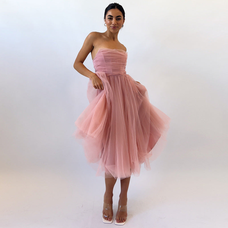 Women's Mesh Fishbone Tube Dress Waist A- Dresses