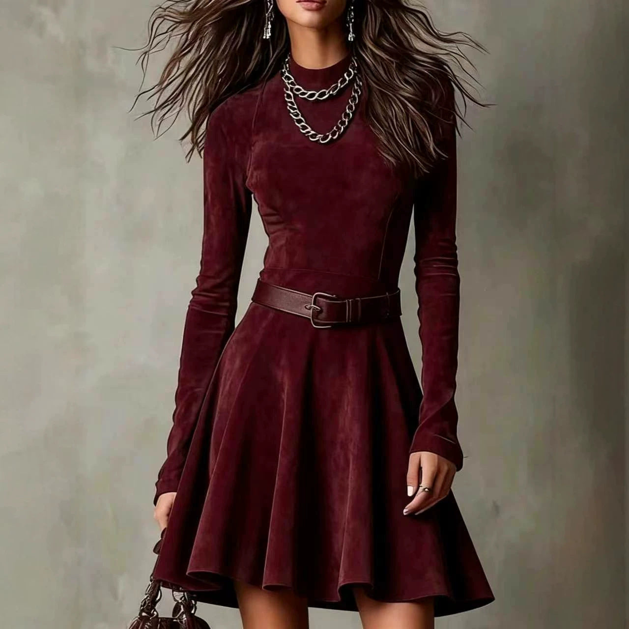 Women's Suede Long-sleeved Retro High Collar Slim Fit Skirts