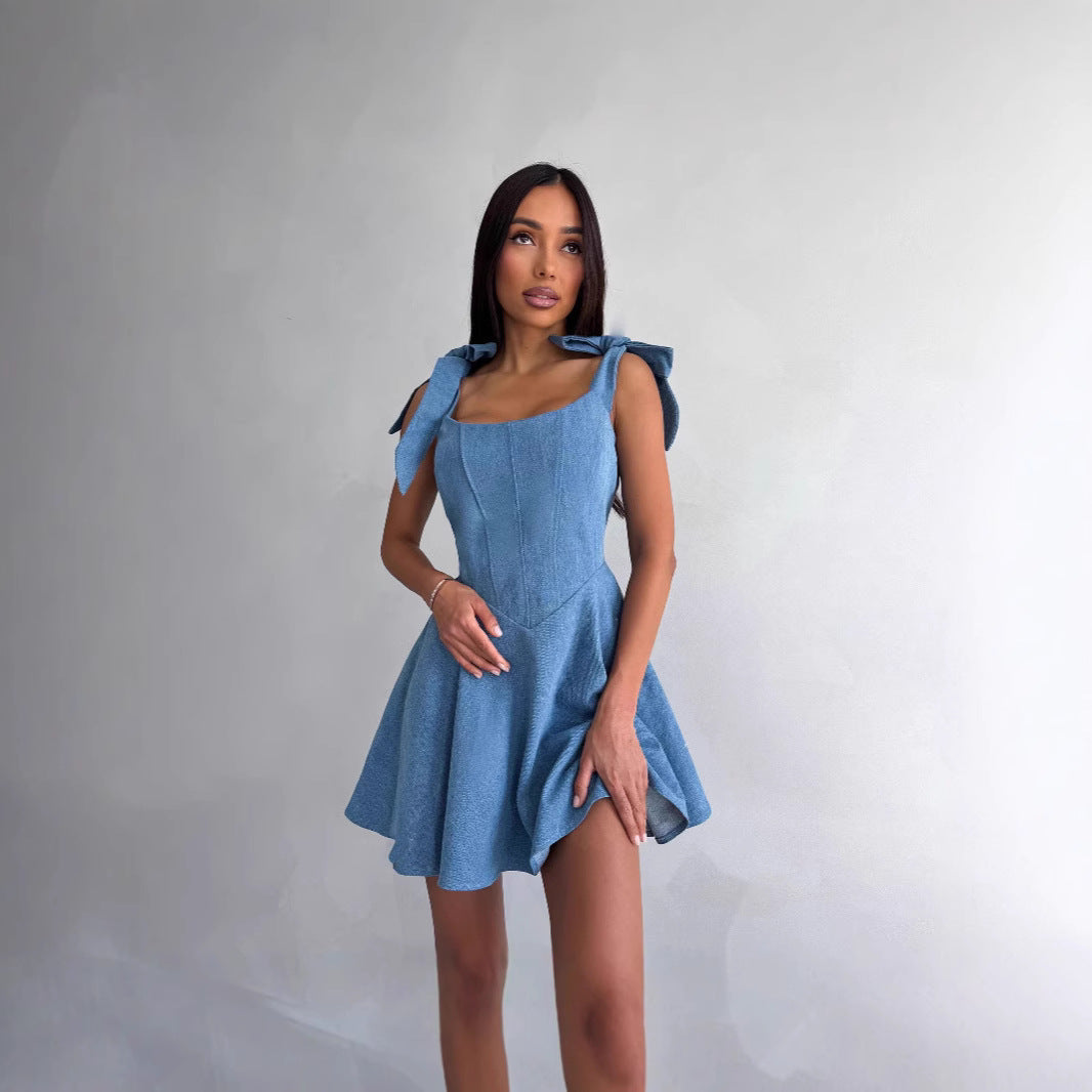Hot Square Collar Lace Up Fishbone Tight Waist Dress
