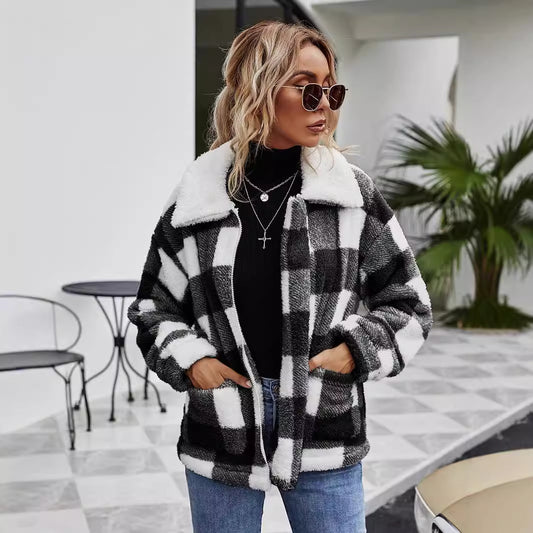Women's Zipper Lapel Plush Plaid Loose Temperament Coats
