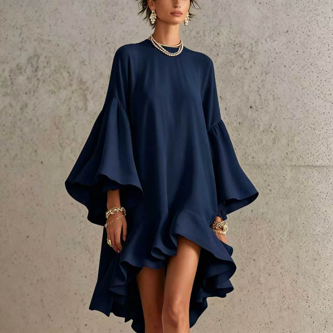 Color Round Neck Large Bell Sleeve Ruffled Dress