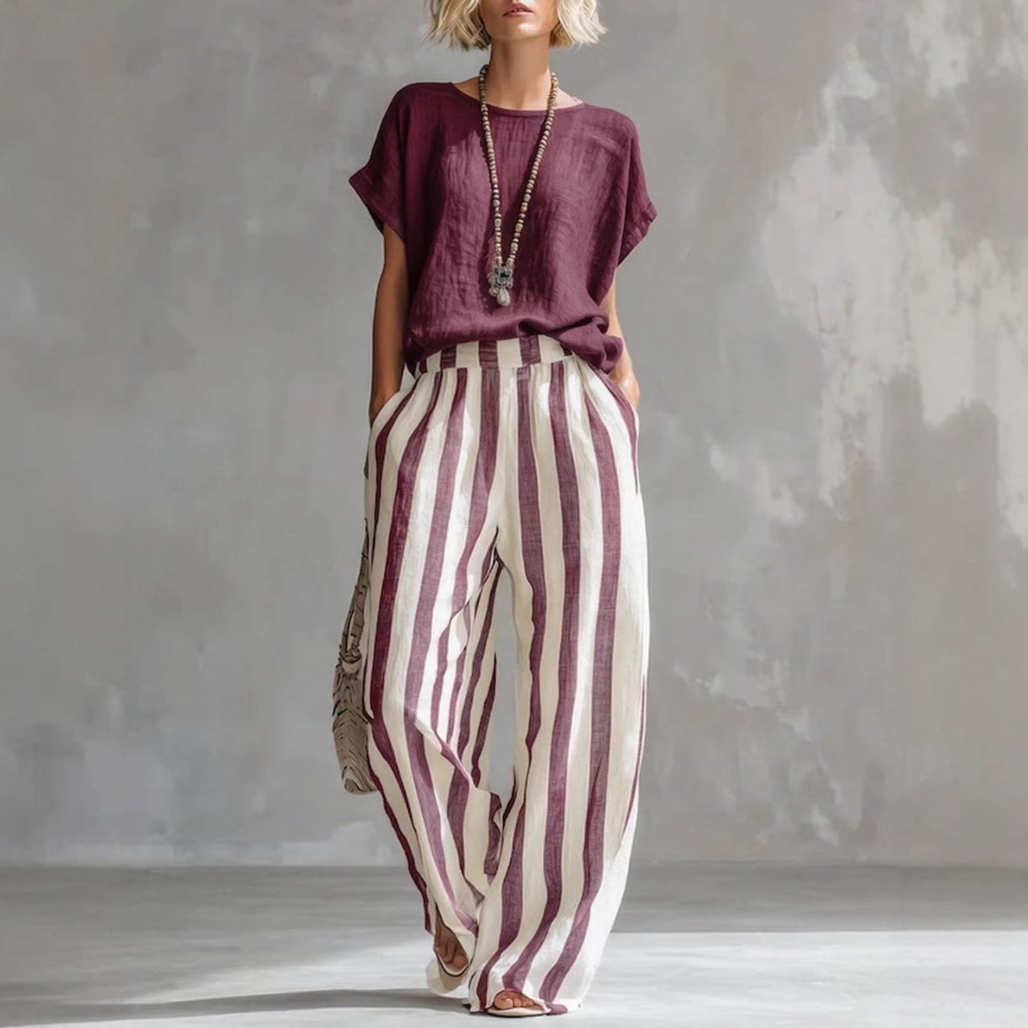 Women's Round Neck Straight Striped Trousers Fashion Casual Suit