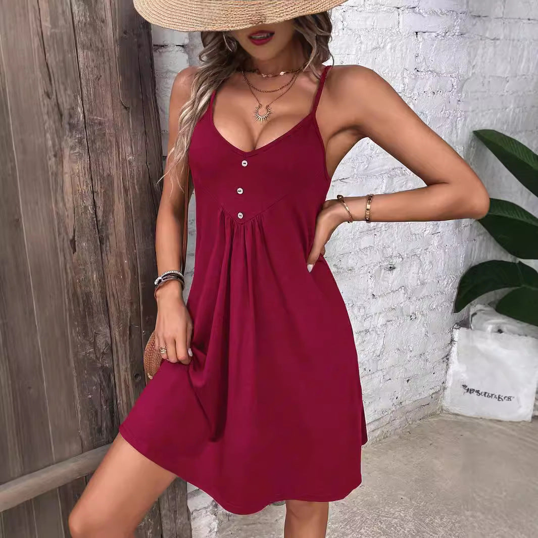 Women's High Waist Sleeveless Button Patchwork Solid Color Skirts