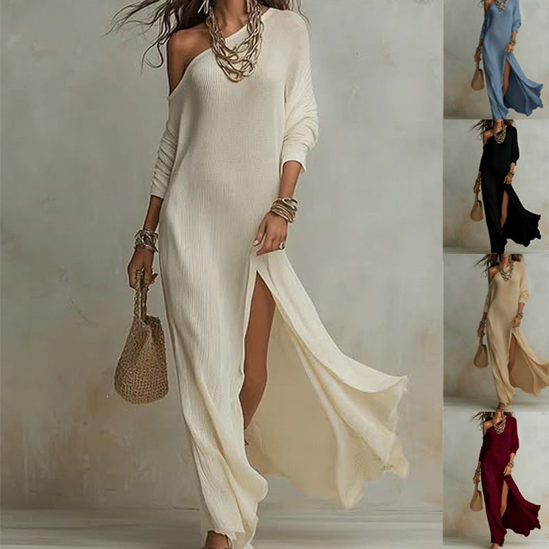 Women's Summer Elegant Long-sleeved Knitted Fold Split Dress