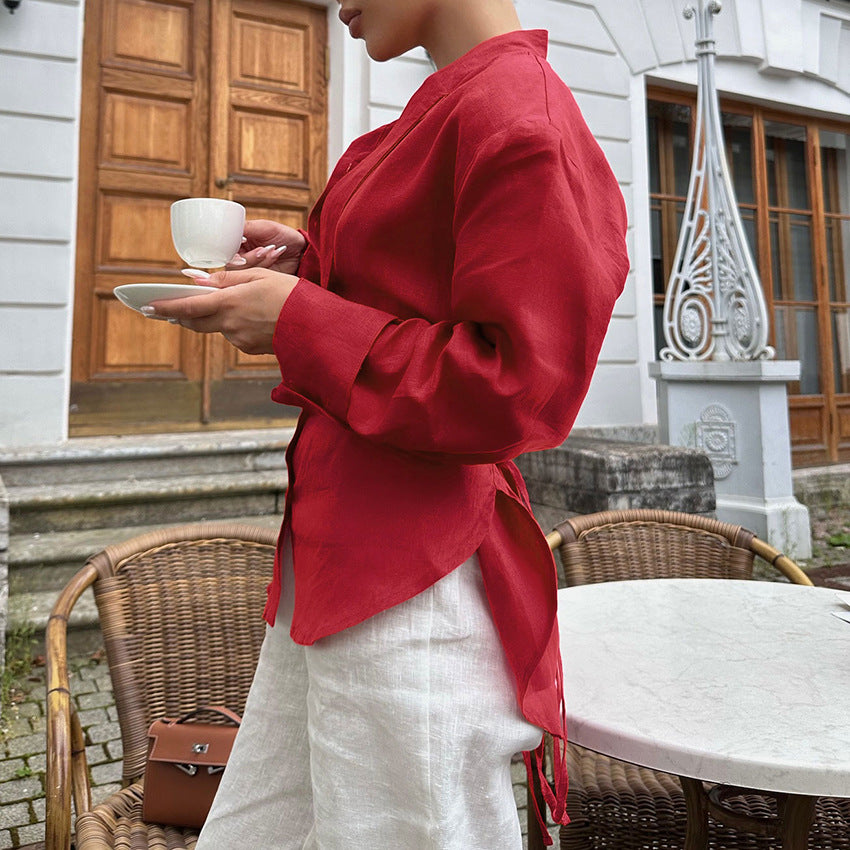 Women's Linen Ribbon Shirt Design Sense Graceful Fashionable Blouses