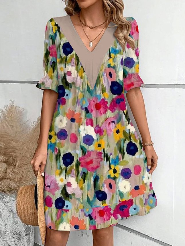 Women's Stitching Printed Ruffle Sleeve Fashionable Elegant Dress