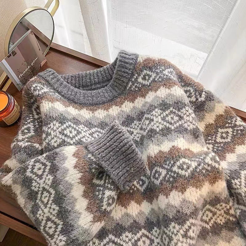 Women's Loose Casual Rhombus Plaid Brocade Outer Wear Idle Style Sweaters