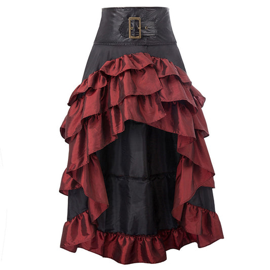 Retro Front Long Back Irregular Ruffles High Waist Stitching Dresses