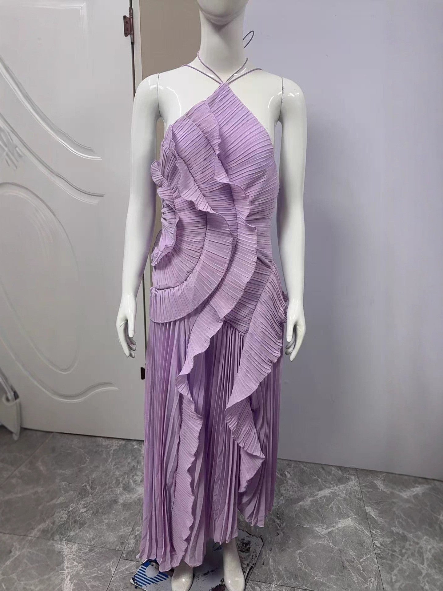 Women's Chiffon Ruffled Pleated Design Slimming Midi Fast Dress
