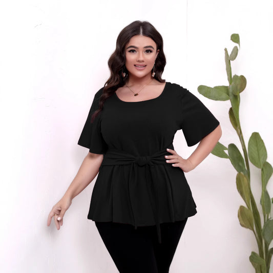 Women's Simple Short-sleeved Round Neck Waistband Slimming Blouses