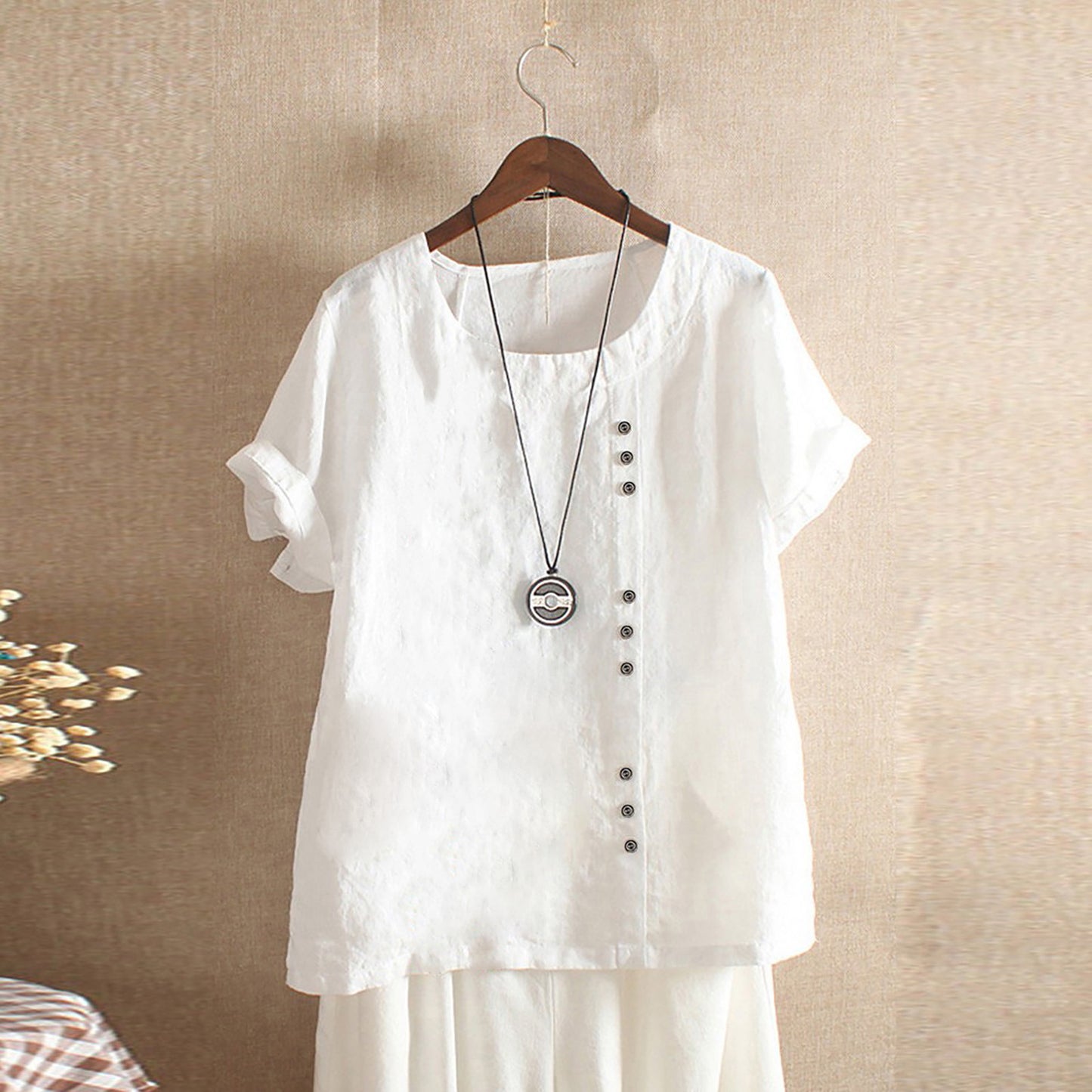 Women's Button Sleeve Casual Holiday Round Neck Regular Cotton Blouses