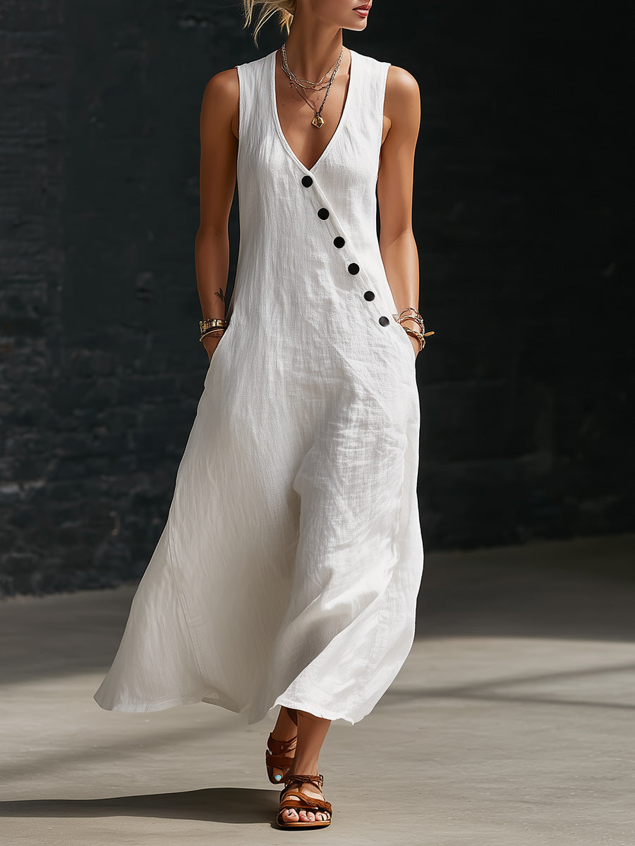 Idle Style Double-breasted Cotton Linen Sleeveless Dress