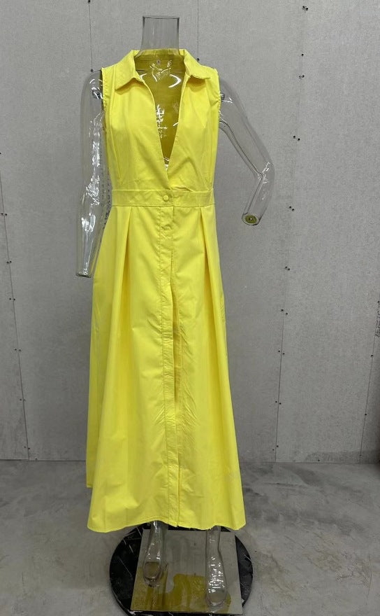 Autumn Solid Color Polo Collar Pleated Long Dresses