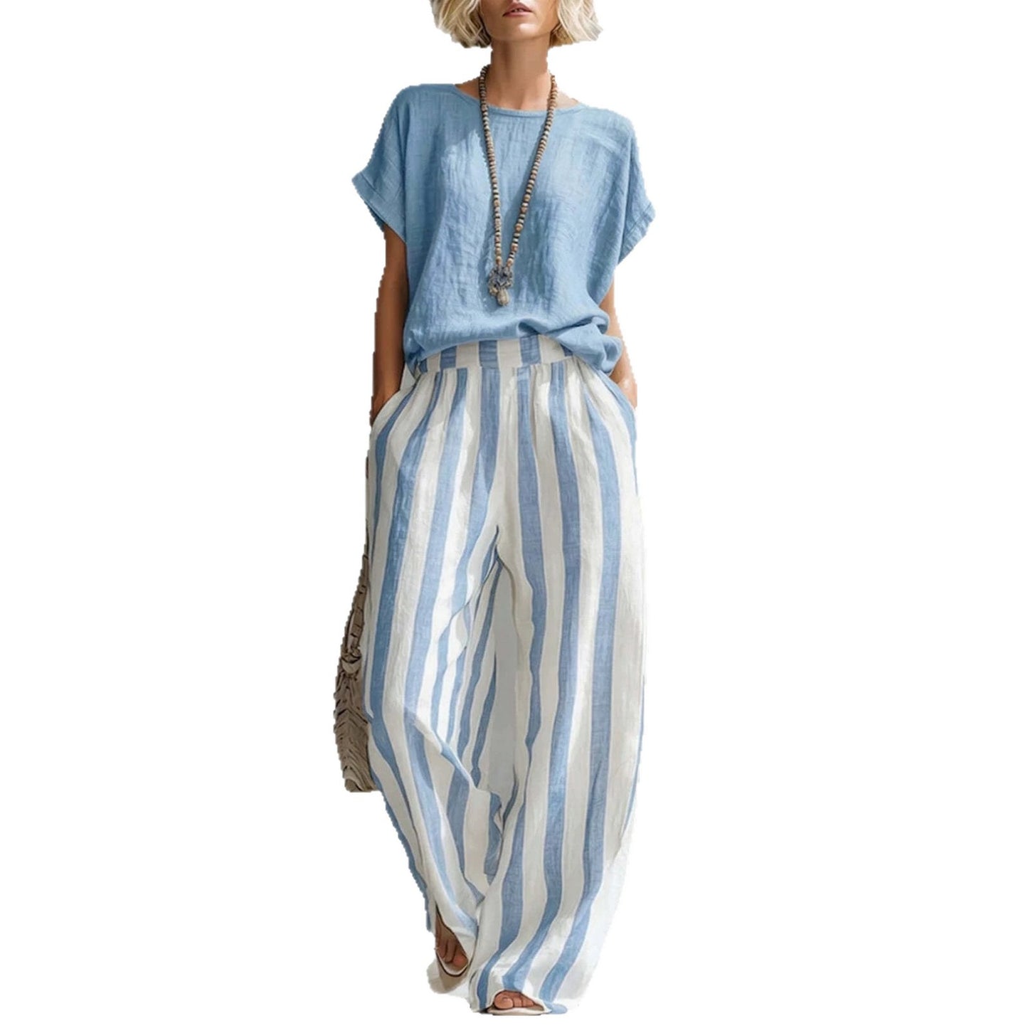 Women's Round Neck Straight Striped Trousers Fashion Casual Suit