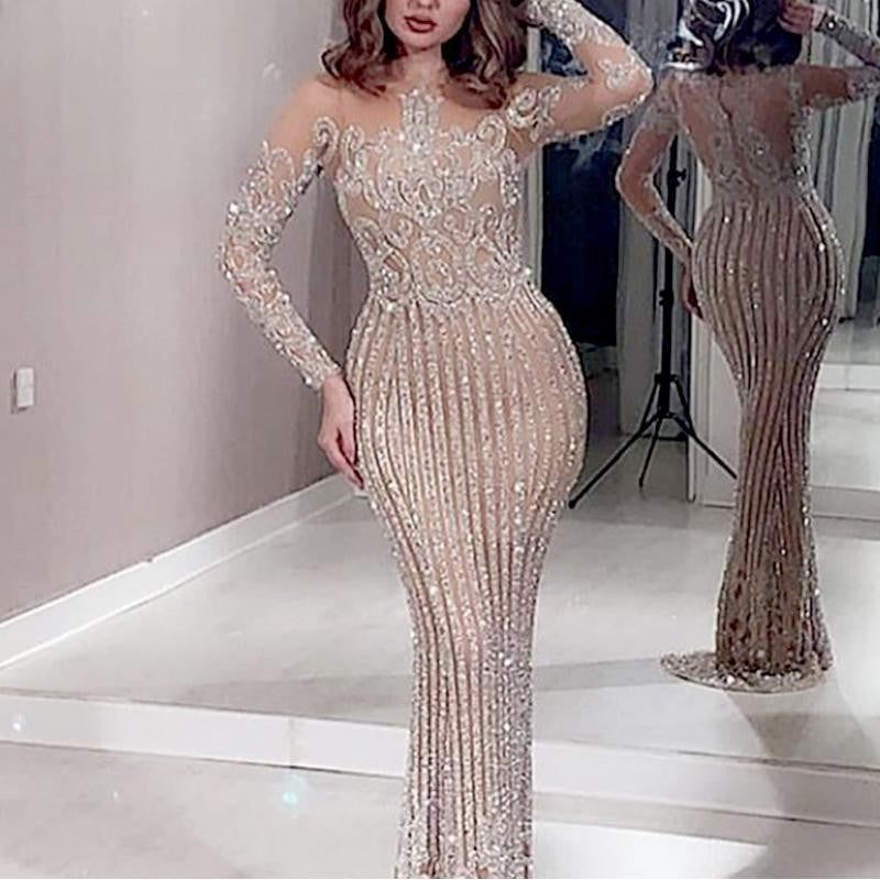 Long Dress Temperament Commute Gold Sequined Solid Color Dresses