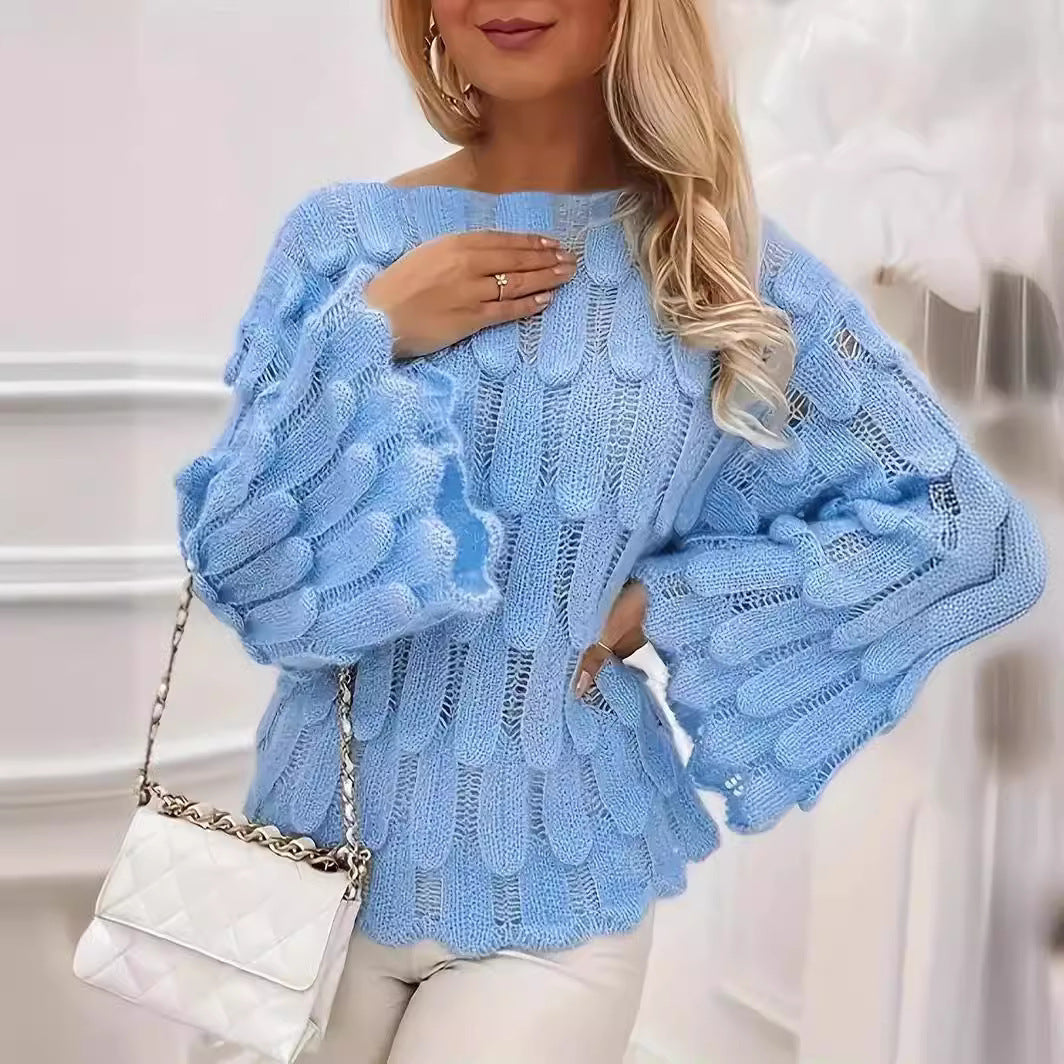 Women's Chic Feather Loose Pullover Fashionable Long Sleeve Hollow Sweater