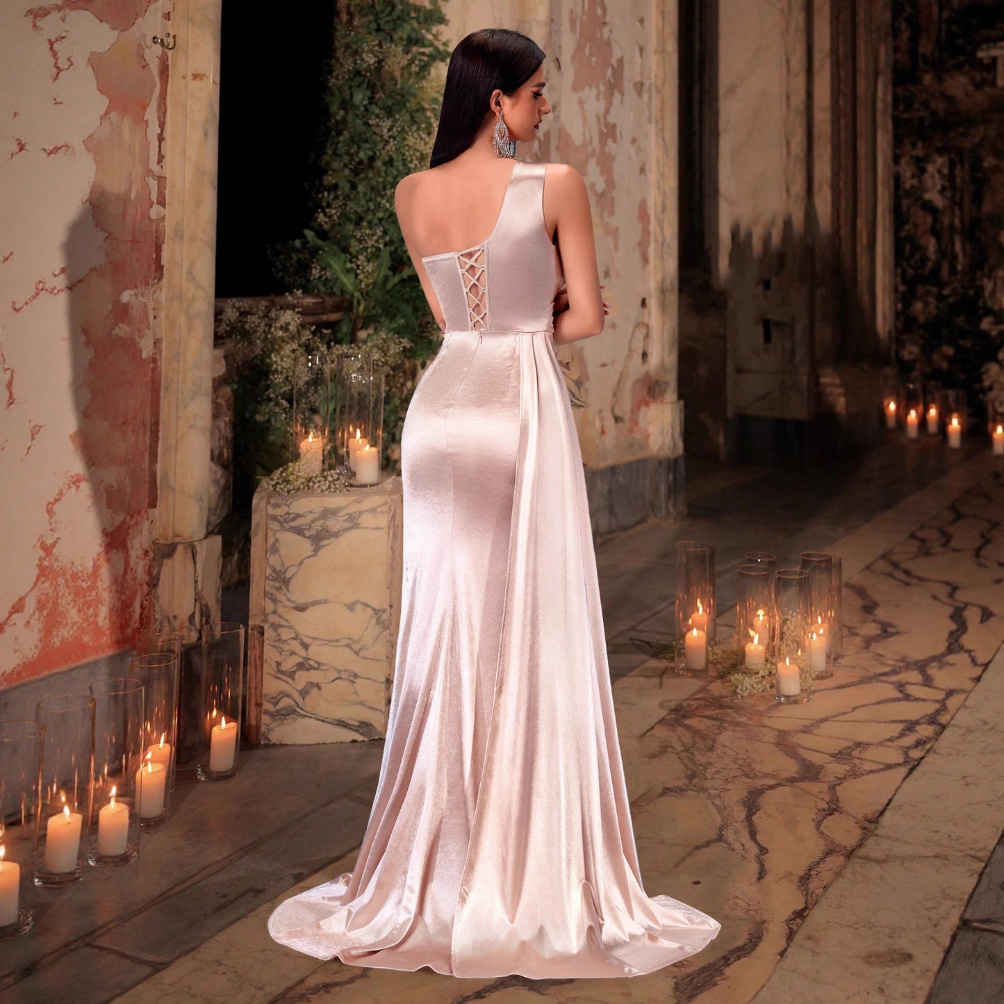 Satin Pleated Waist Tight Split Banquet Host Catwalk Dress