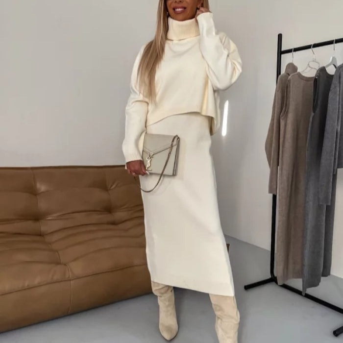 Women's Solid Color Turtleneck Knitting Hip Two-piece Fashion Casual Suit